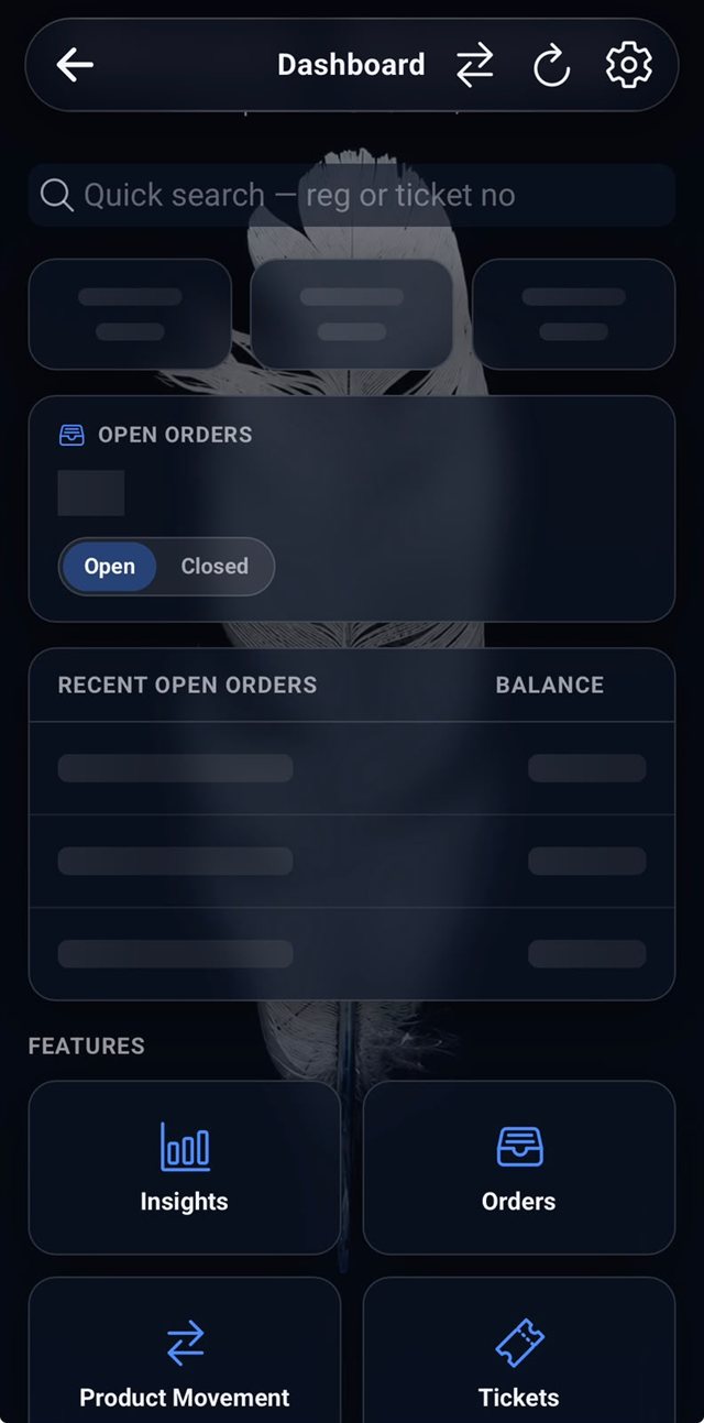 RivMan app dashboard: live day totals, open orders, recent activity, and quick search