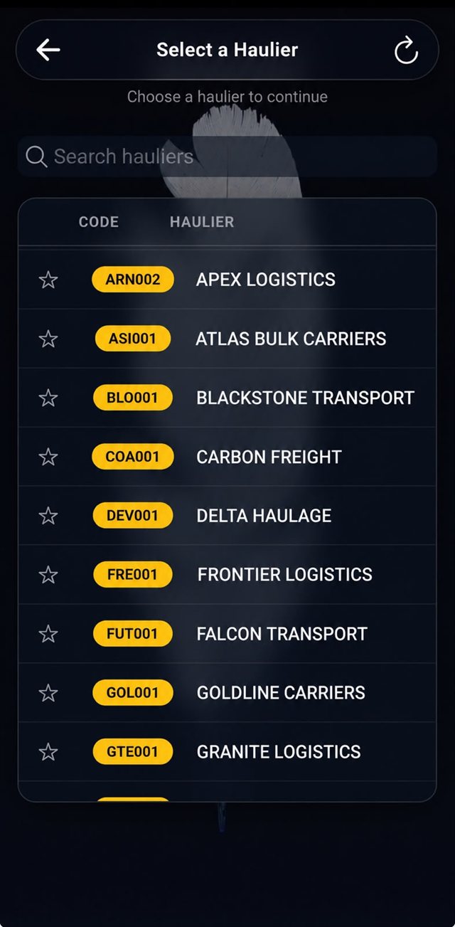 RivMan app: selecting a haulier from the live haulier list