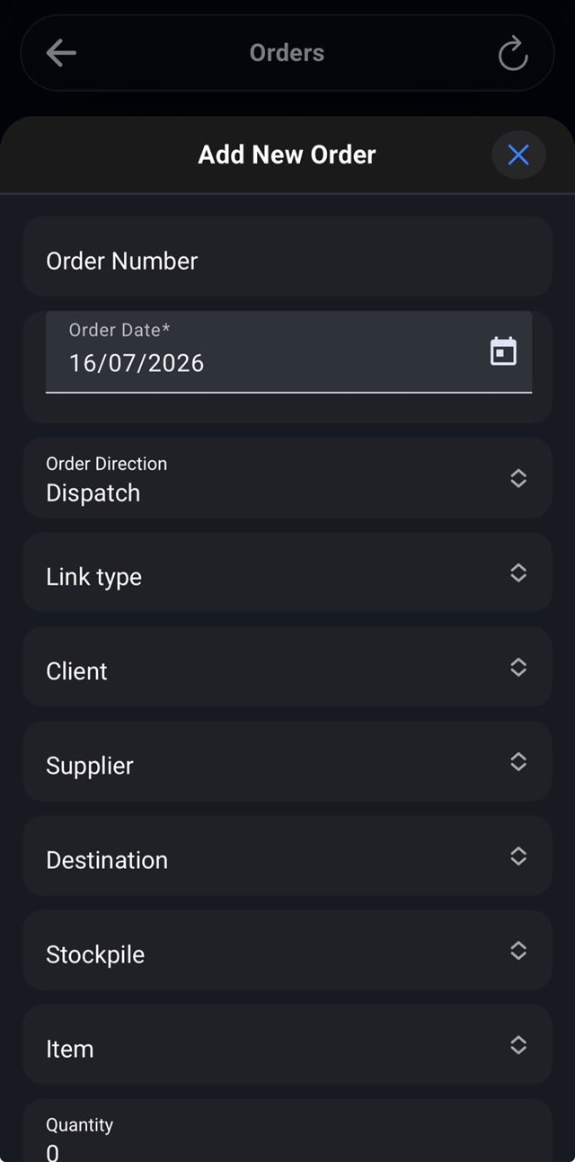 RivMan app: creating a new order with client, supplier, and stockpile